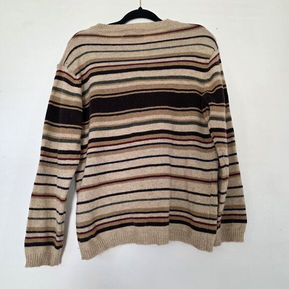 Vtg Striped Vneck Sweater Womens M Brown Wool Blend 70s Bohemian Neutral Minimal - Picture 6 of 9